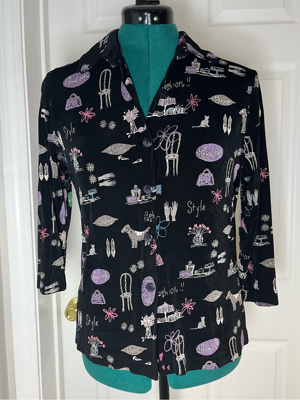 Vintage Black Illustrated Button-Up blouse with colorful Accents